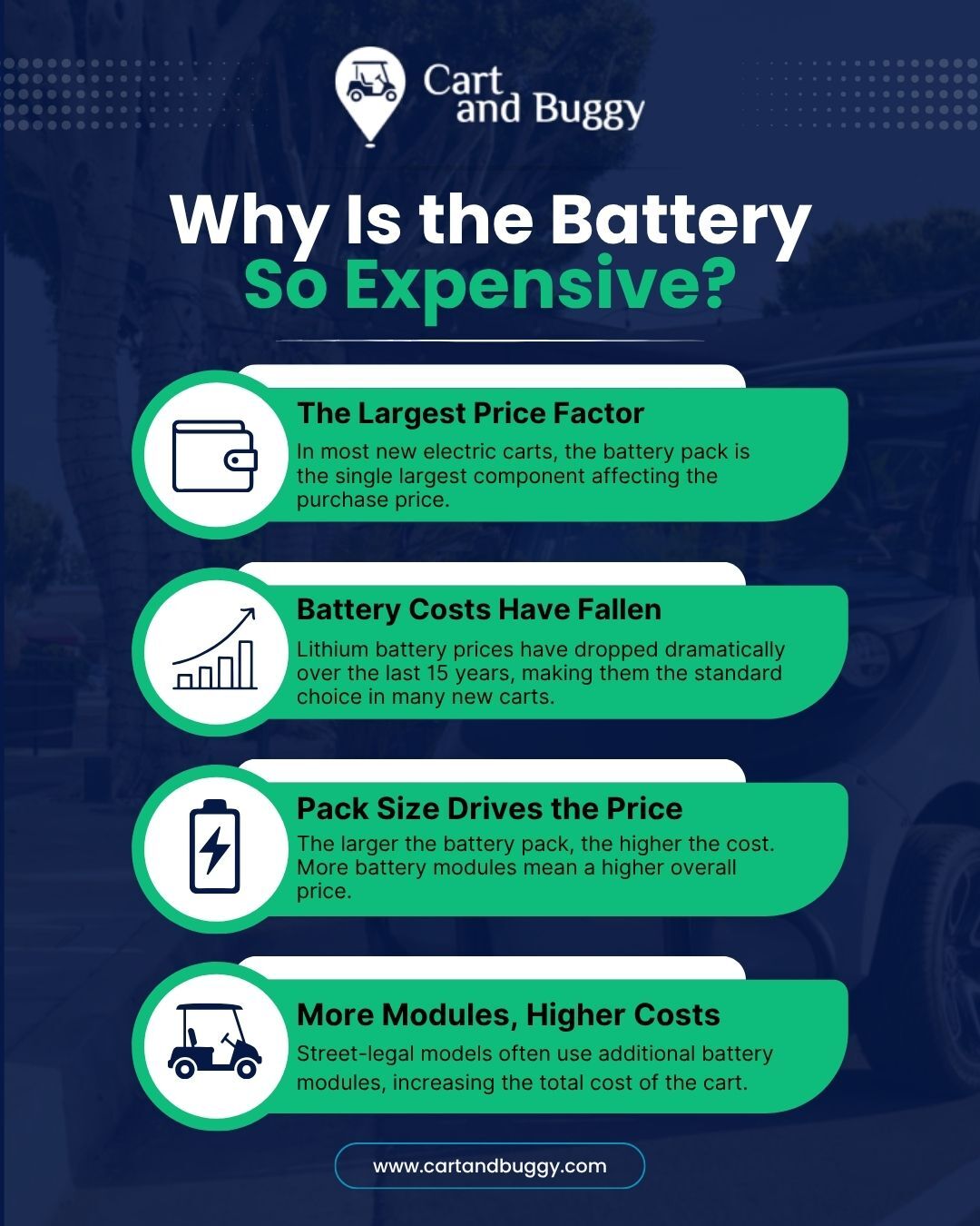 Four reasons the battery drives golf cart prices, including pack size and the extra modules in street-legal models, by Cart and Buggy.